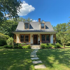 Charming Cottage with Stone Pathway and Lush Greenery