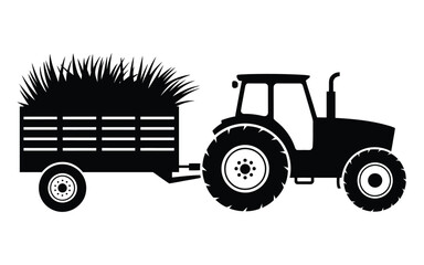 Vector art of silhouette of a tractor with trailer full of hay for farm, agriculture, harvest, transport and more