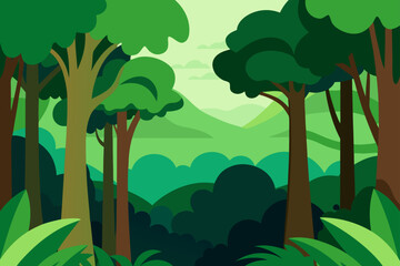 Stylized flat illustration of a lush green forest with rolling hills and a soft sky in the background