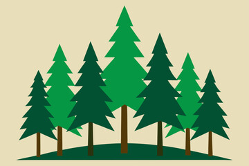 A stylized illustration of a dense forest with varying shades of green pine trees against a light beige background