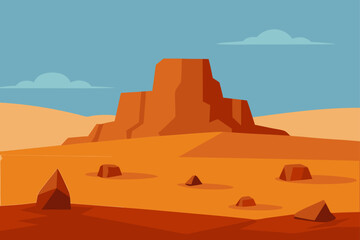 Stylized flat illustration of a desert landscape featuring a prominent mesa under a clear blue sky with scattered clouds and small rocks