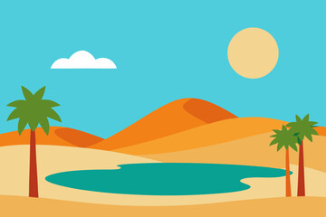 Vibrant desert oasis scene with sand dunes palm trees a calm turquoise water pool and a bright sun under a clear blue sky with a single white cloud