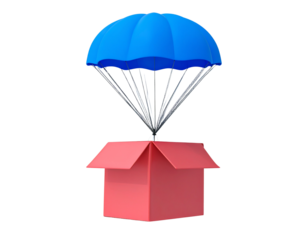 3D Cartoon Box with Red Parachute Floating Down PNG