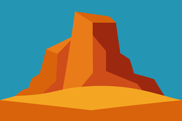 Abstract geometric desert landscape featuring a striking orange rock formation against a clear blue sky