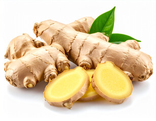 piece of fresh ginger root with textured beige skin and two vibrant green leaves is accompanied by several smooth, pale yellow slices of ginger, all arranged on a clean white background with soft shad