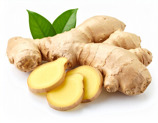 Fototapeta premium piece of fresh ginger root with textured beige skin and two vibrant green leaves is accompanied by several smooth, pale yellow slices of ginger, all arranged on a clean white background with soft shad