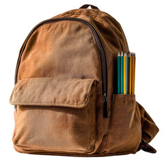 Element Isolated Transparent Back-to-School Isolated Product Shot Brown backpack with stationery items and pencils. PNG DIE-CUT for advertising