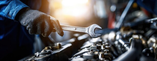 The mechanic working on an engine using a wrench with precision and care.
