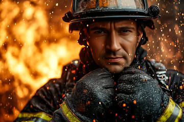 Close-up of a firefighter in his uniform before entering a burning building, looking at the camera, cinematic lighting. Flames in the background.