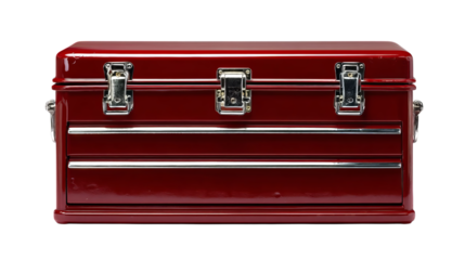 Png of Shiny red metal toolbox with silver accents, perfect for organizing tools and hardware.