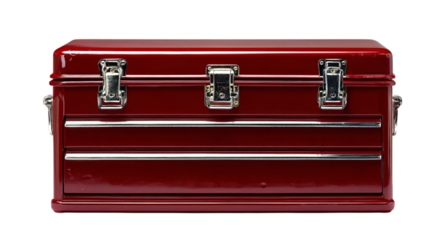 Png of Shiny red metal toolbox with silver accents, perfect for organizing tools and hardware.