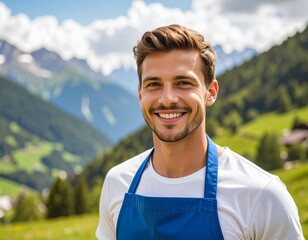 South Tyrolean Man Wearing Blue Apron in Alpine Mountain Landscape