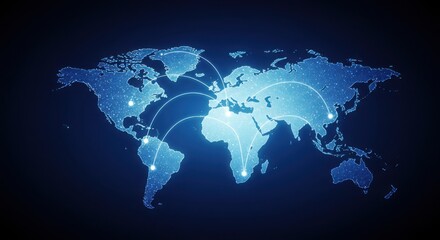 Abstract glowing world map background with connected lines, global business concept
