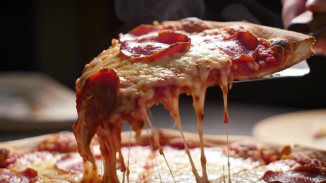 Delicious pepperoni pizza slice being lifted with melted cheese strings in a dark restaurant setting for pizza promotion