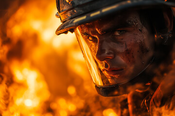 Close-up of a firefighter before entering a burning building, looking at the camera. The flames are reflected in his visor. Cinematic lighting. Flames in the background.
