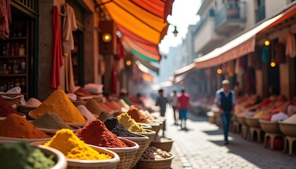 vibrant spice market, colorful spices, bustling bazaar, sunny day, copy space