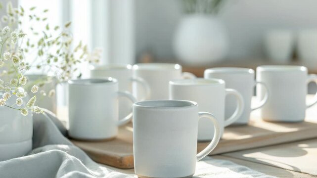 A collection of white coffee mugs arranged neatly on a table, ideal for use in editorial or commercial settings