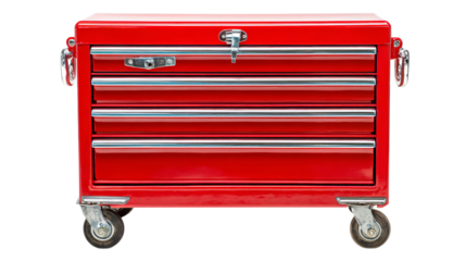 Png of Bright red metal tool chest on wheels, showcasing a sleek design and multiple drawers for organization.