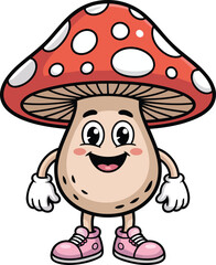 Cute Cartoon Mushroom Character with Pink Shoes and White Gloves, Transparent Background.