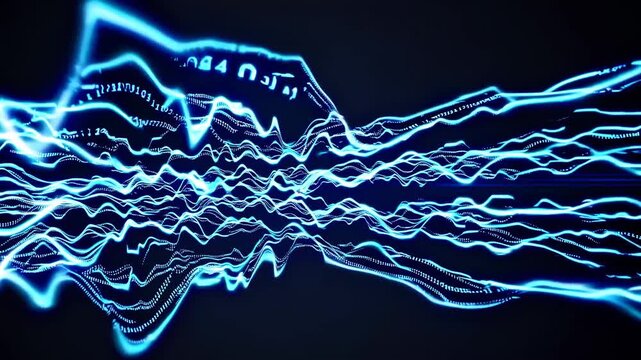 Dynamic video concept with glowing blue waveforms and binary code. Captured from a low-angle, it conveys a futuristic, digital style. Live desktop wallpaper.