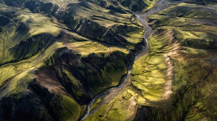 aerial view icelandic highlands river