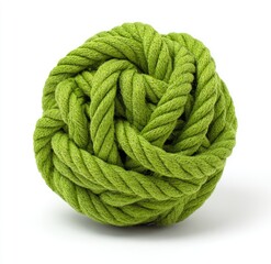 A tightly wound ball of thick, lime-green rope, meticulously coiled into a spherical shape, sits on a stark white background