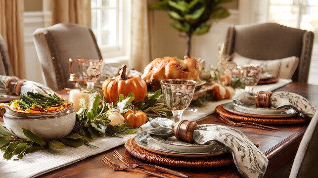 A festive dining table set for Thanksgiving dinner