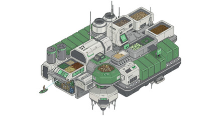 Futuristic isometric hydroponic farm module with greenhouse tanks and solar panels