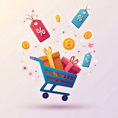 Blue shopping cart overflowing with gifts and sale tags floating with coins and confetti