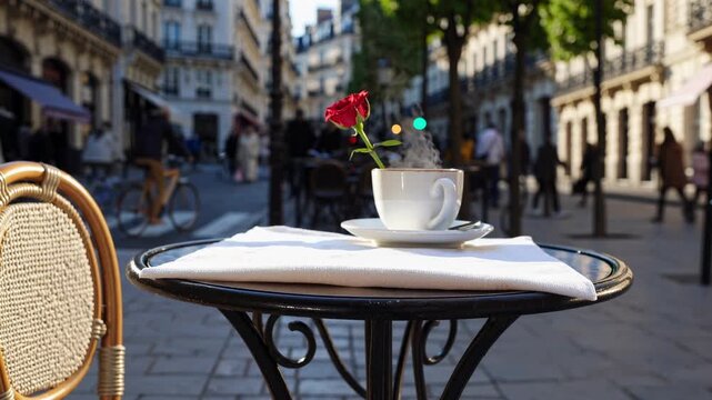 A street-level video shot captures a steaming coffee cup with a red rose on a cafe table, set against a charming Parisian street backdrop.