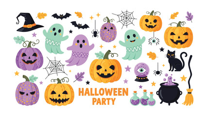 Enchanting Halloween Festivities: Festive Halloween illustrations come alive with pumpkins, ghosts, bats, and a witch's hat, evoking the playful spirit of autumn festivities.