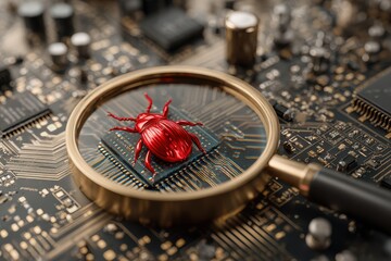 Red bug positioned on a computer chip under a magnifying glass shows the intersection of technology and pest control