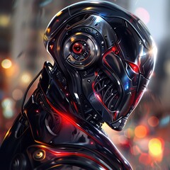 Fototapeta premium Futuristic Robot Portrait with Neon Lights in Urban Environment