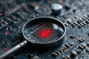 Detailed inspection of a computer chip reveals a red bug symbol indicating malware presence on a circuit board