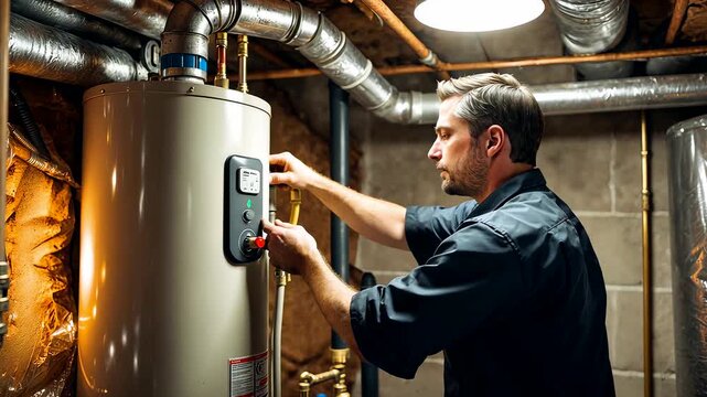 Male plumber repairing water heater in basement with tools pipes and industrial equipment under bright lighting