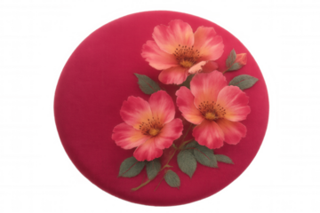 Crimson circular embroidery featuring pink, orange blooms with verdant leaves, presenting intricate floral artistry against translucent backdrop