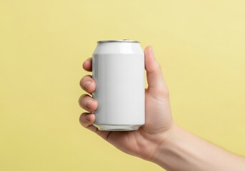 Blank white aluminum can held in hand against a pale yellow background mockup for design