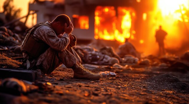 Un soldat assis sur le sol, pleurant, entour&eacute; de militaires tomb&eacute;s au combat et de b&acirc;timents en flamme, sc&egrave;ne de guerre, style documentaire capturant le d&eacute;sespoir face &agrave; la mort.
