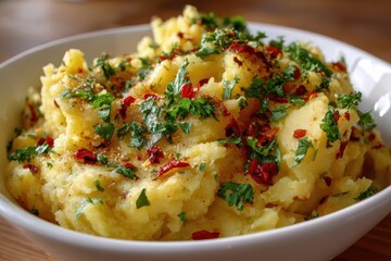 Creamy mashed potatoes topped with herbs and spices in a rustic bowl