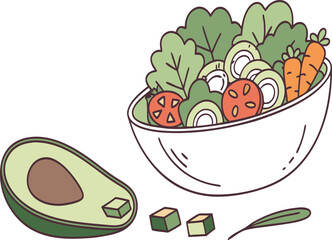 Fresh healthy salad ingredients with avocado and carrots in a bowl