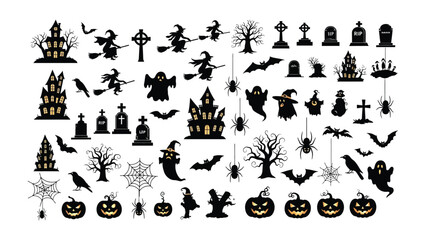 Spooky Halloween Collection: A collection of iconic Halloween symbols, featuring haunted houses, witches, ghosts, pumpkins, bats, spiders, and tombstones, perfect for creating a chilling atmosphere.