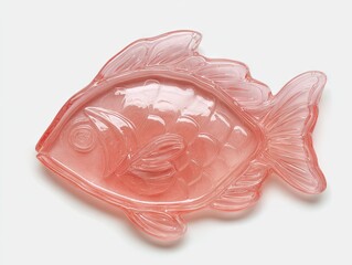 A translucent, pale pink glass dish shaped like a fish, with embossed details and a slightly curved body.  The design is simple, elegant, and decorative