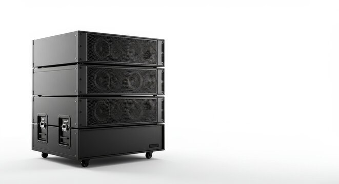 Sleek Tower of Four Black Line Array Speaker Modules in a Minimalist White Studio.