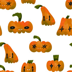 Seamless cute pattern Funny cartoon pumpkins with cut  face . Autumn Holidays hand drawn watercolor illustration  background.  Halloween