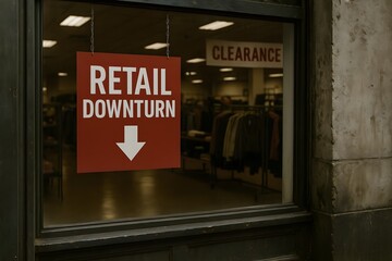A window display reveals a red sign indicating RETAIL DOWNTURN. 