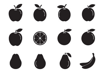 Collection of fruit icons in black silhouette style, featuring apples, oranges, pears, and bananas.