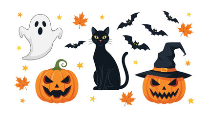 Halloween Icons: A whimsical tableau of Halloween icons against a bright backdrop, capturing the essence of spooky fun with a ghost, black cat, bats, and Jack-o'-lanterns.
