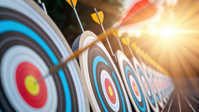 Archery Targets and Arrows Hitting Bullseye at Sunset Precision and Sport in Sunlights Warm Glow