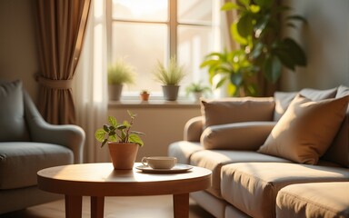 Relaxing gathering space modern interior cozy scene bright environment close-up view empty wooden table. High quality