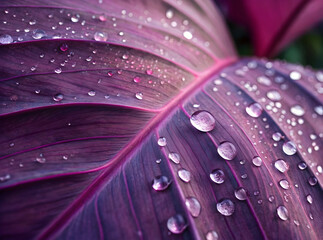 Purple leaf with glistening water droplets macro